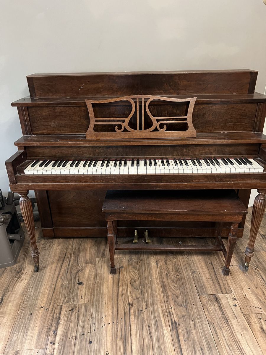 Vintage Upright Piano with Matching Bench - Wooden Finish