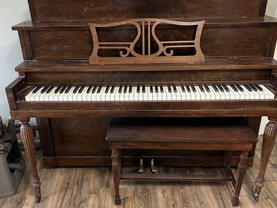 Vintage Upright Piano with Matching Bench - Wooden Finish