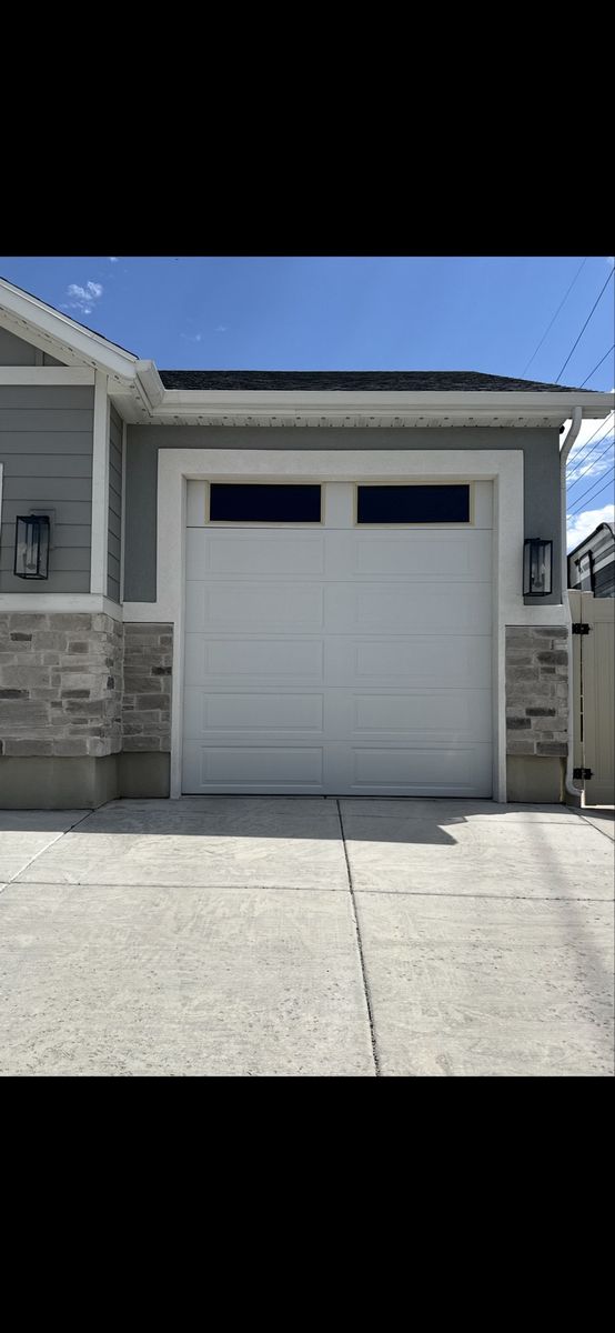 9' x 9' Sectional White Garage Door with Top Windows, Tracks, and Opener Motor Included