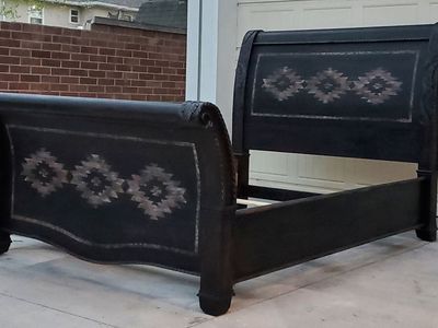 Black Western Carved Queen Sleigh Bed Frame Handpainted