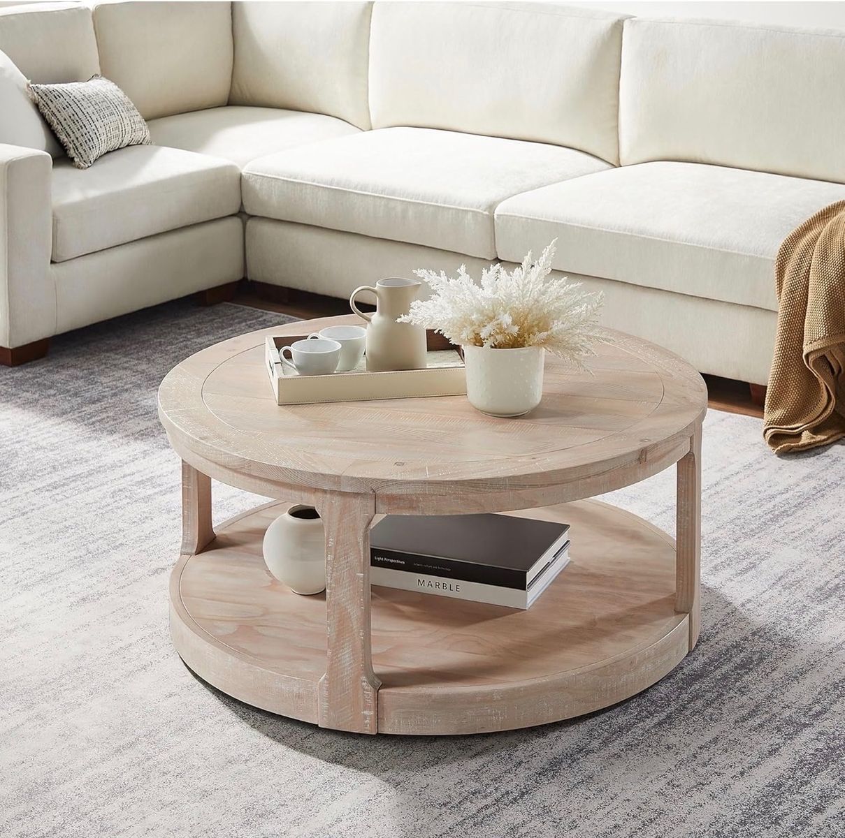 Brand new Round Wood Coffee Table - Two Tier 40" Diameter Rustic Whitewash