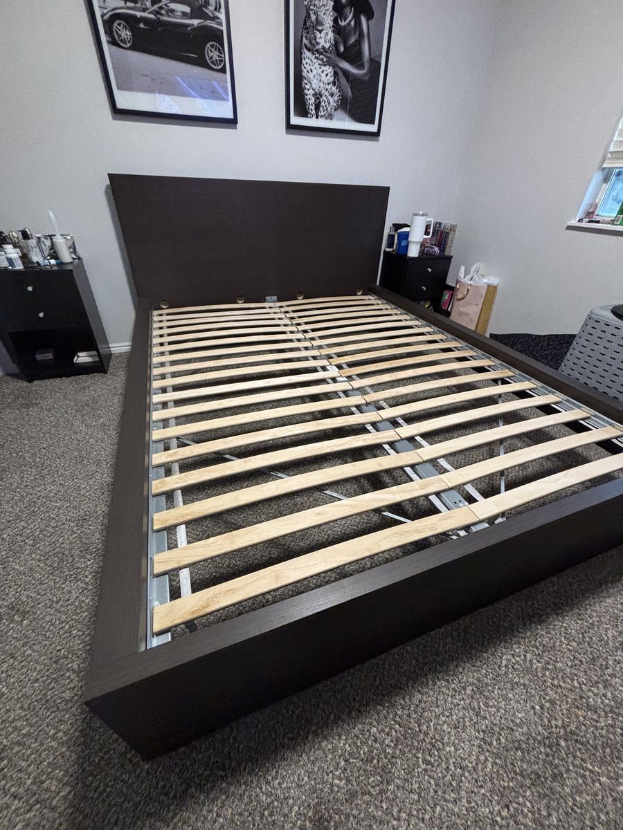 IKEA Malm Queen Bed Frame Dark Brown Wood Slats Included Minimalist Design