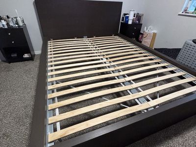 IKEA Malm Queen Bed Frame Dark Brown Wood Slats Included Minimalist Design