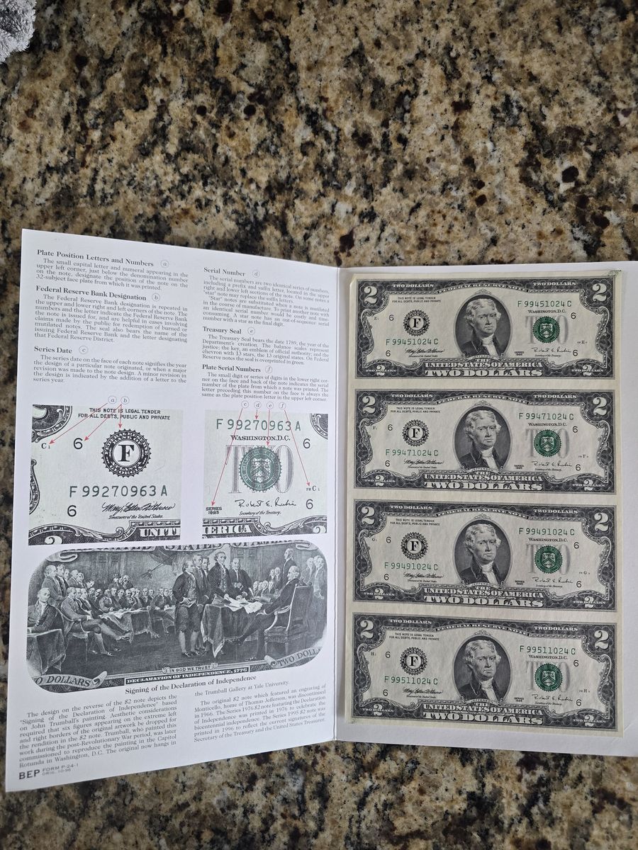 1995 Uncut Sheet of 4 $2 Dollar Bills Currency Bureau of Engraving & Printing
