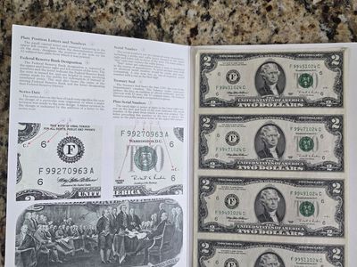 1995 Uncut Sheet of 4 $2 Dollar Bills Currency Bureau of Engraving & Printing