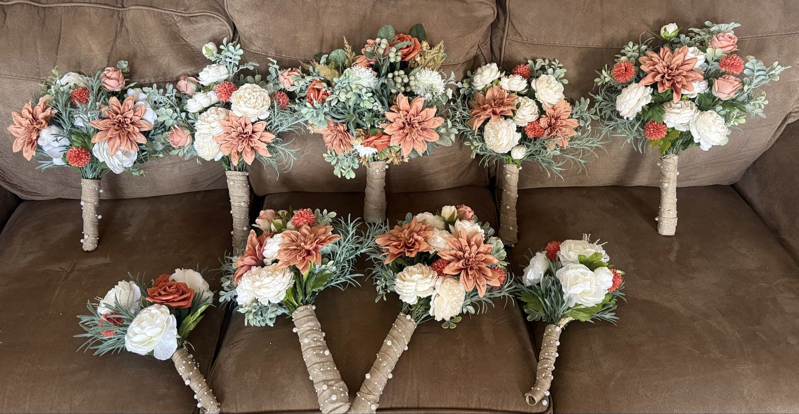 Rustic Silk Wedding Bouquet Set - Terracotta, White & Greenery - 9 Bridesmaid/Bridal Bouquets