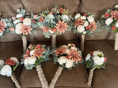 Rustic Silk Wedding Bouquet Set - Terracotta, White & Greenery - 9 Bridesmaid/Bridal Bouquets