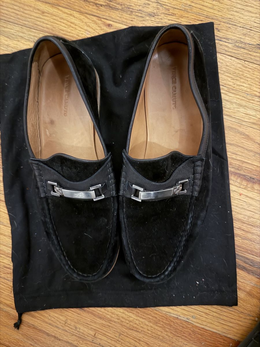 Vince Camuto Black Suede Loafers, Women's Size 9.5, Silver Hardware Accents