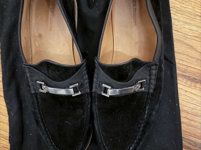 Vince Camuto Black Suede Loafers, Women's Size 9.5, Silver Hardware Accents