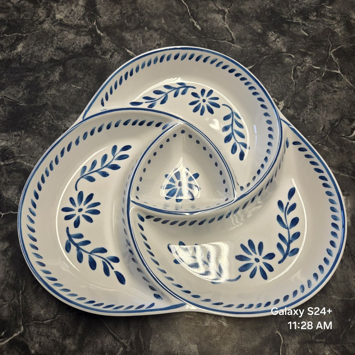 White & Blue Floral Divided Serving Platter Tray