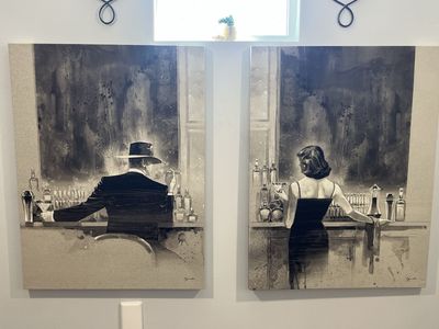 Vintage Noir Bar Scene Canvas Art Set - Two-Piece Black and White Wall Decor