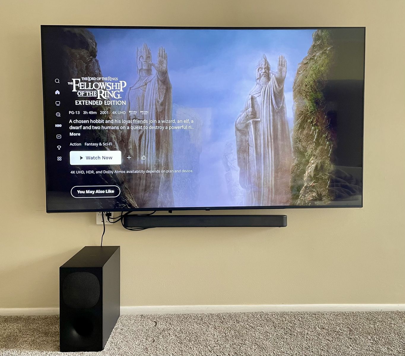 LG 75 Inch TV, Swivel and Tilting Wall Mount, Sony Soundbar and Subwoofer