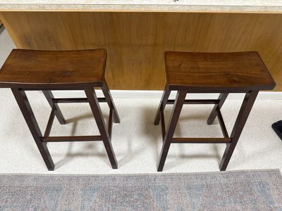 Pair of Wooden Bar Stools - Dark Wood Saddle Seat - Counter Height