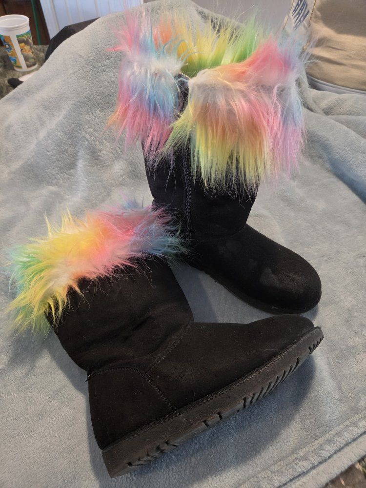 Shoe Dept Black Mid-Calf Boots with Rainbow Faux Fur Trim Size 4M
