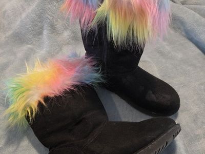 Shoe Dept Black Mid-Calf Boots with Rainbow Faux Fur Trim Size 4M