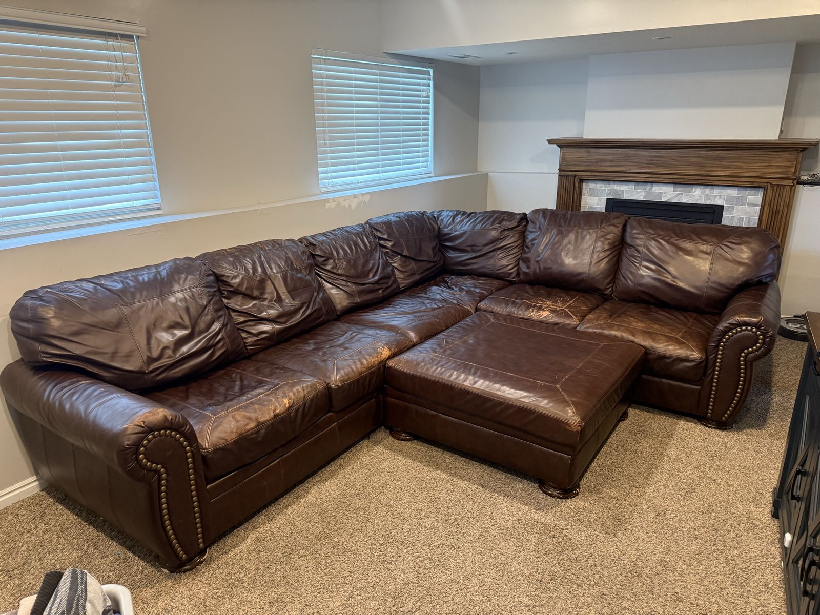 Large Brown Leather Sectional Sofa with Matching Ottoman