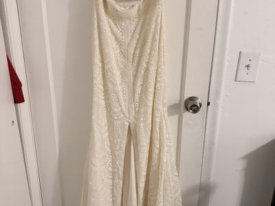 Galina Off-White Strapless Lace Mermaid Wedding Dress Size 8 with Beaded Waist