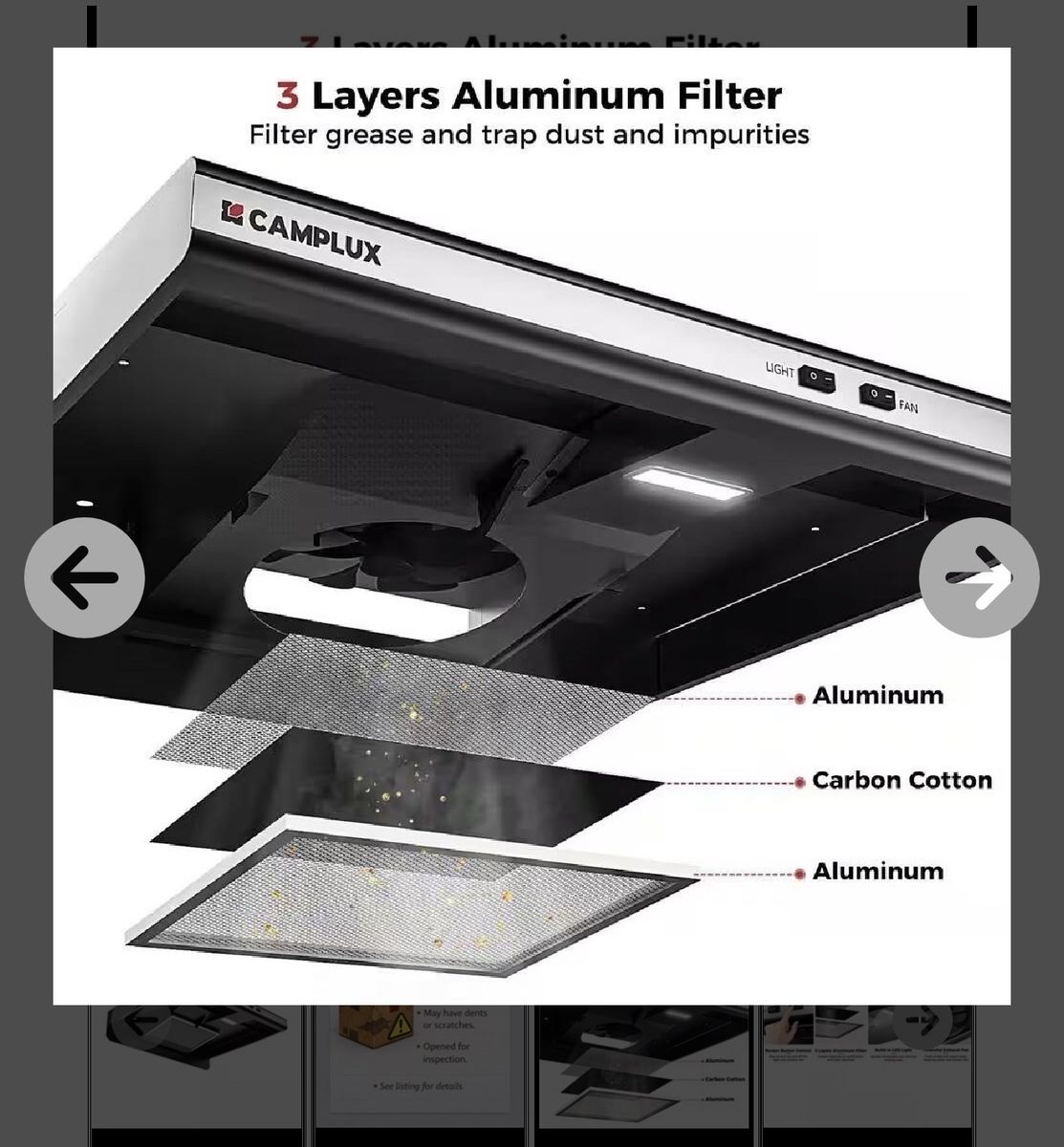 CAMPLUX 22" RV Range Hood with 3-Layer Aluminum Filter, LED Light, and Quiet Fan Operation