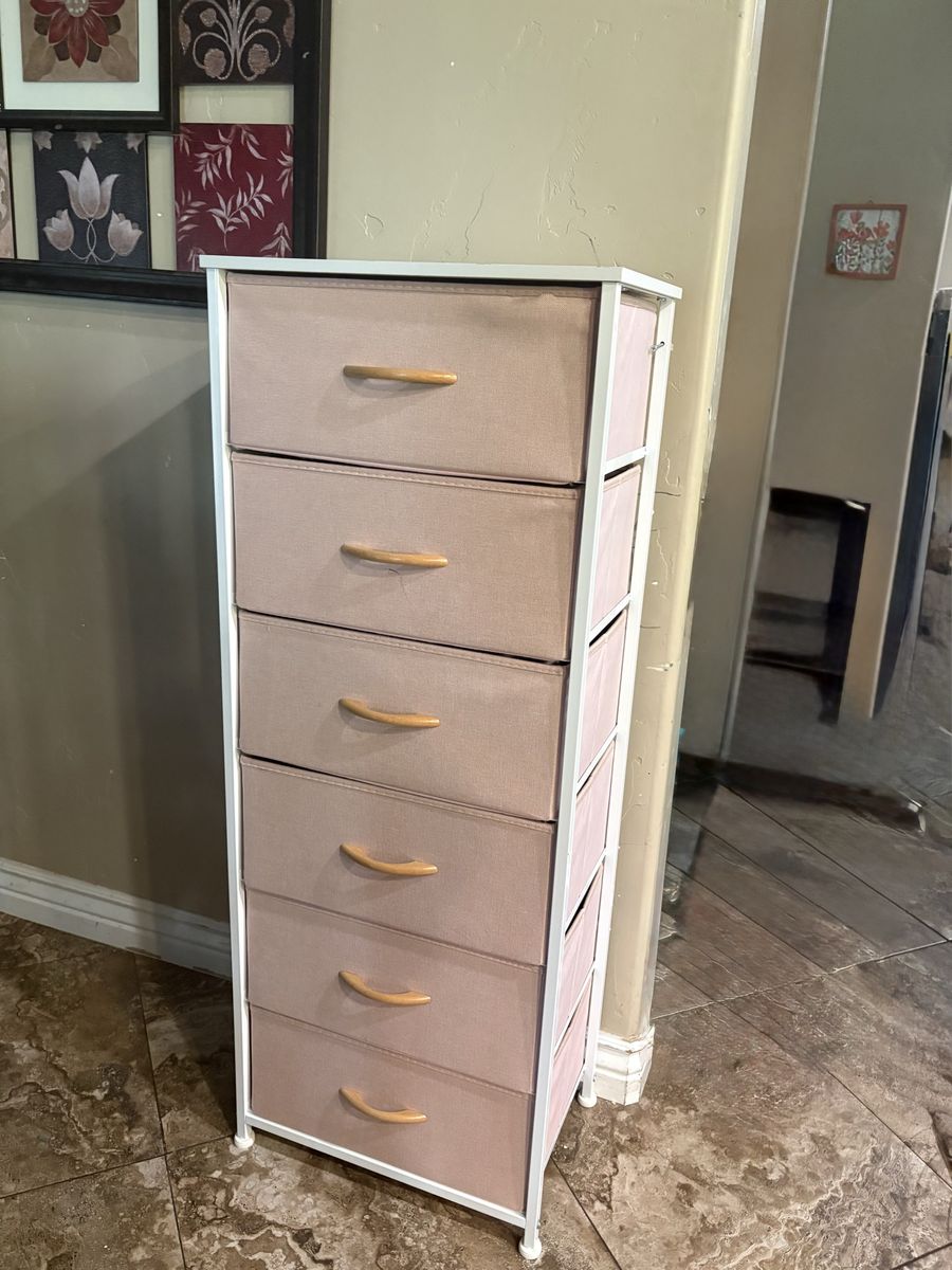 6-Drawer Fabric Storage Tower Dresser - White Frame with Light Pink Fabric Drawers