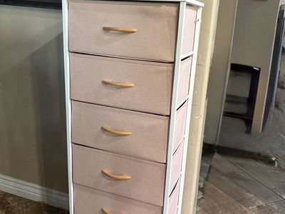6-Drawer Fabric Storage Tower Dresser - White Frame with Light Pink Fabric Drawers