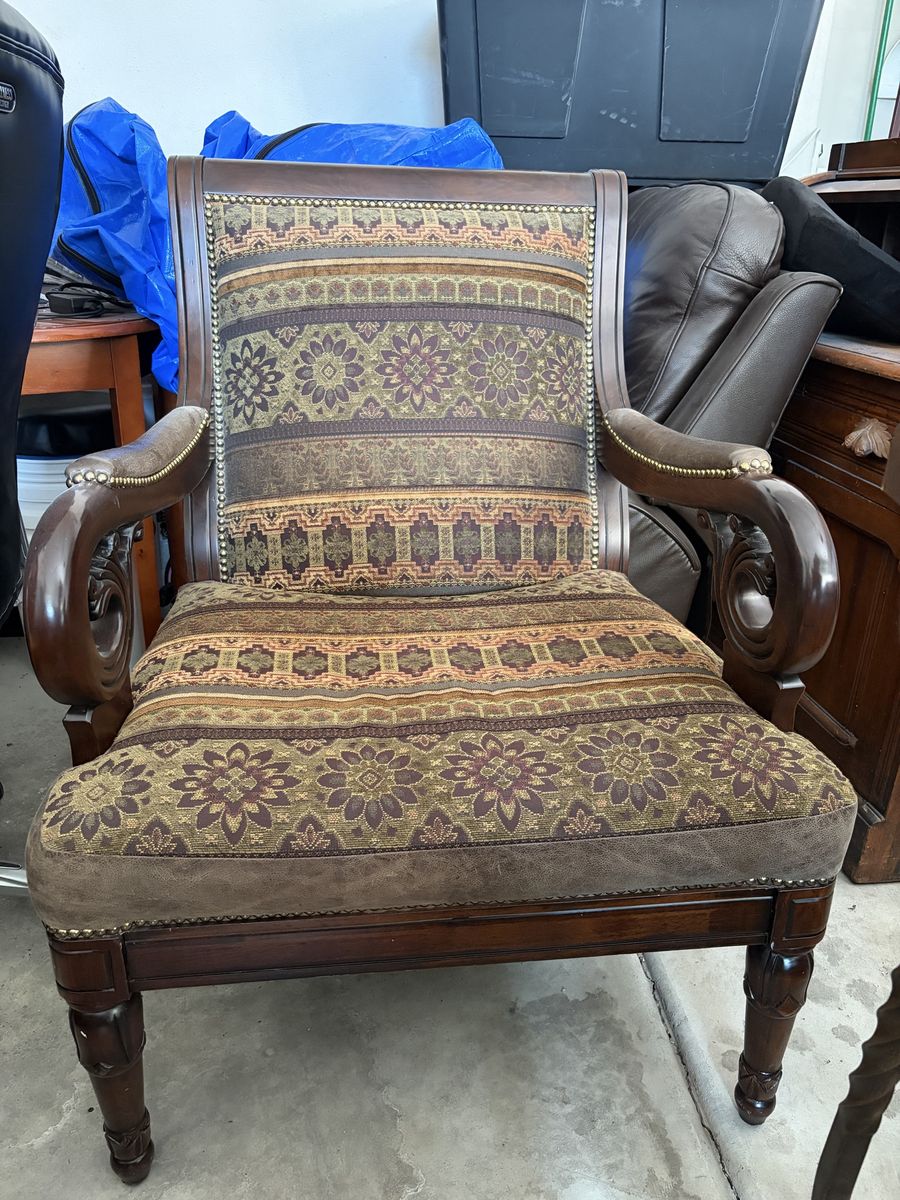 Ornate Upholstered Armchair - Wood Frame, Floral & Geometric Fabric, Nailhead Trim