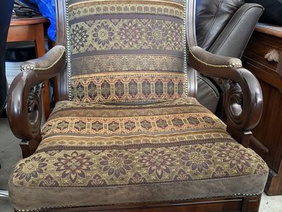 Ornate Upholstered Armchair - Wood Frame, Floral & Geometric Fabric, Nailhead Trim