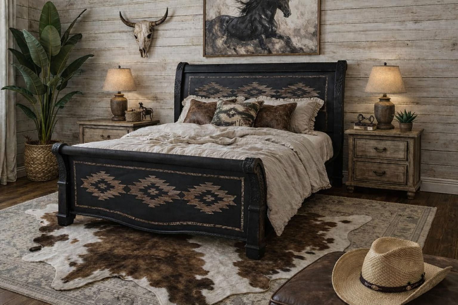 Black Yellowstone Queen Carved Feathers Sleigh Bed Frame Handpainted Western Cabin Rustic