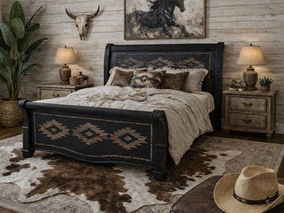 Black Yellowstone Queen Carved Feathers Sleigh Bed Frame Handpainted Western Cabin Rustic