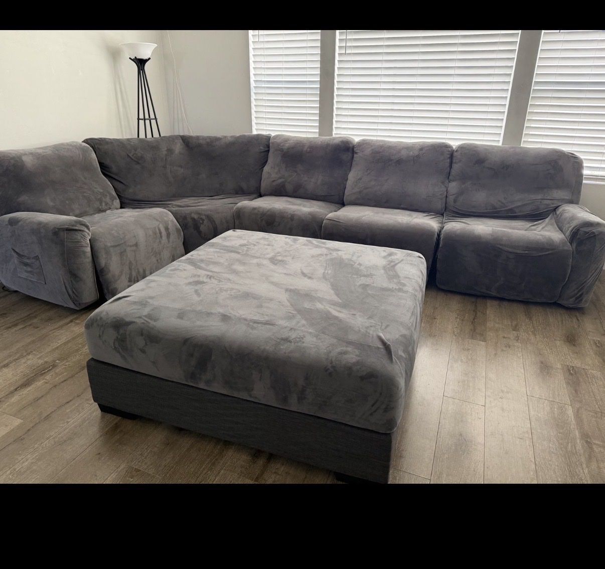 Five piece microfiber electric reclining sectional with couch covers and brand new ottoman