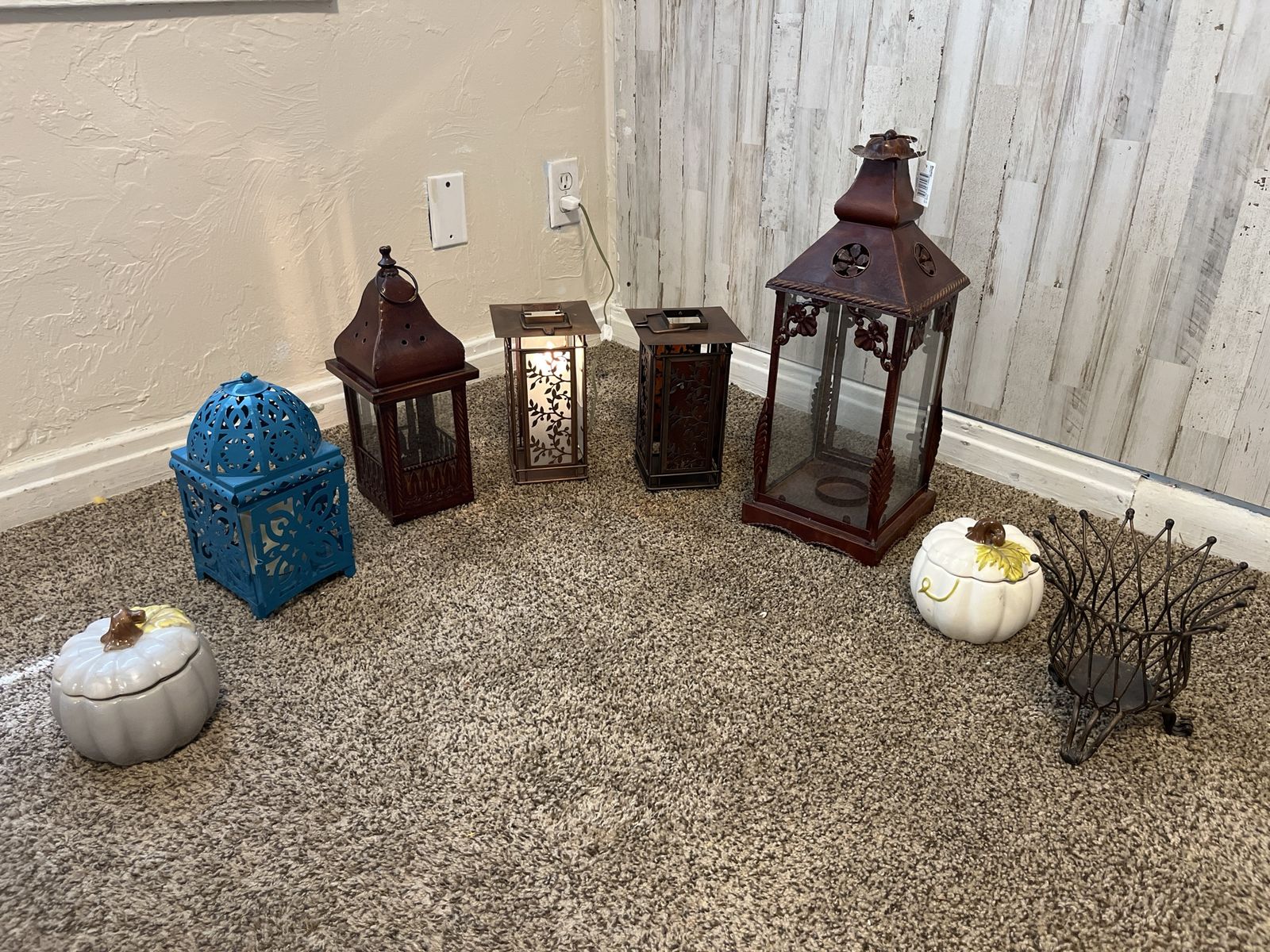 Assorted Decorative Metal Lanterns and Ceramic Pumpkins Set