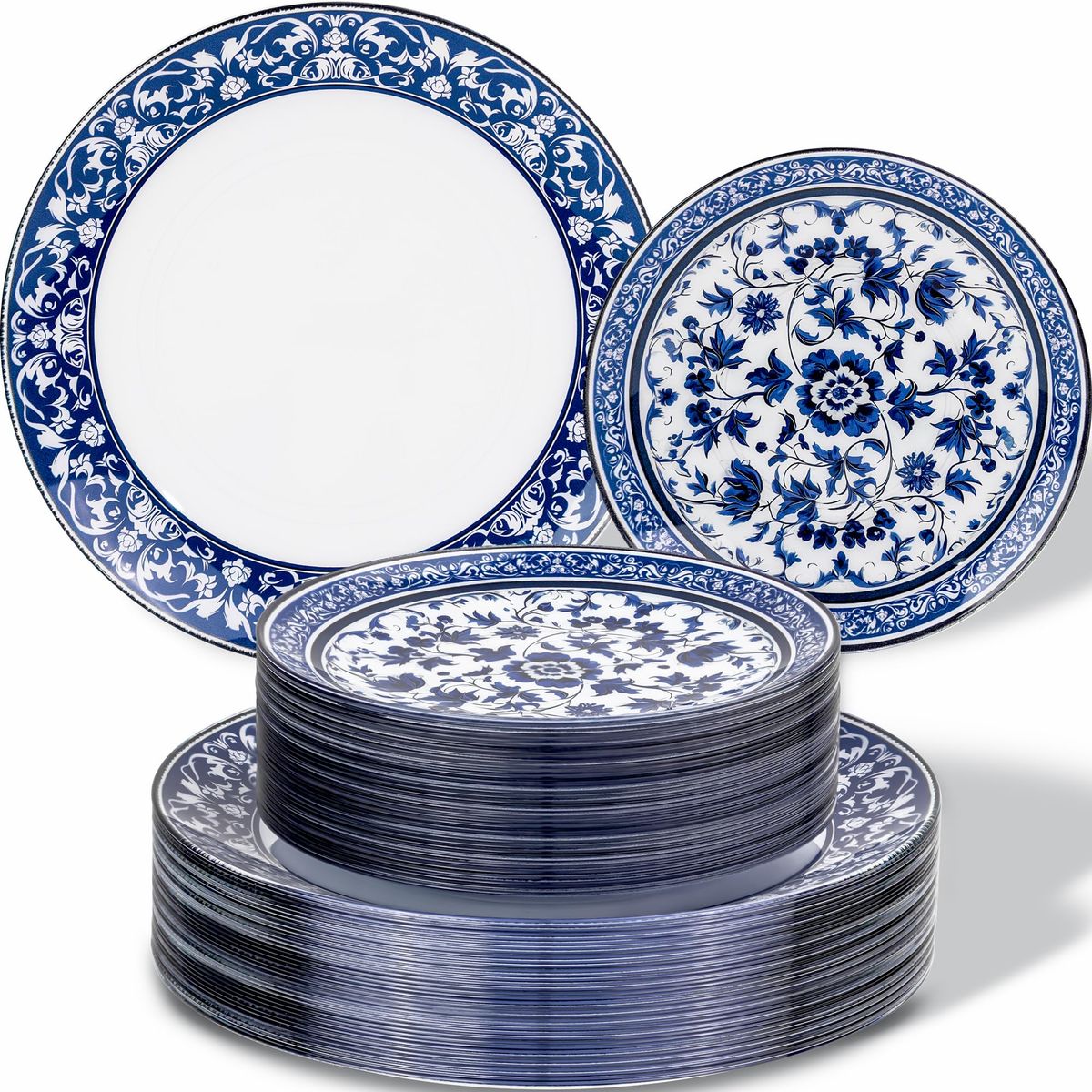 New! Hioasis 60pcs Blue Plastic Plates Set - Floral Blue & White Porcelain Design, 10.25" Dinner & 7.5" Dessert Plates