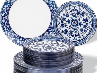 New! Hioasis 60pcs Blue Plastic Plates Set - Floral Blue & White Porcelain Design, 10.25" Dinner & 7.5" Dessert Plates