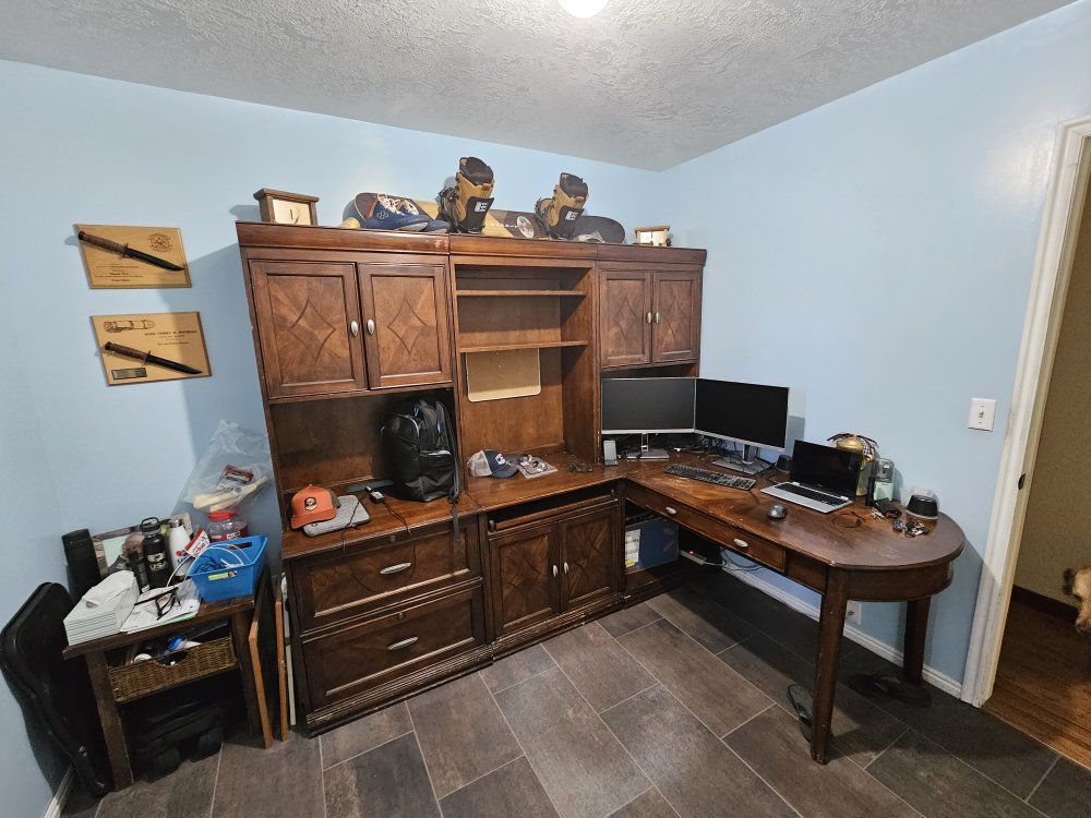 Wooden L-Shaped Executive Office Desk with Hutch and Storage Cabinets
