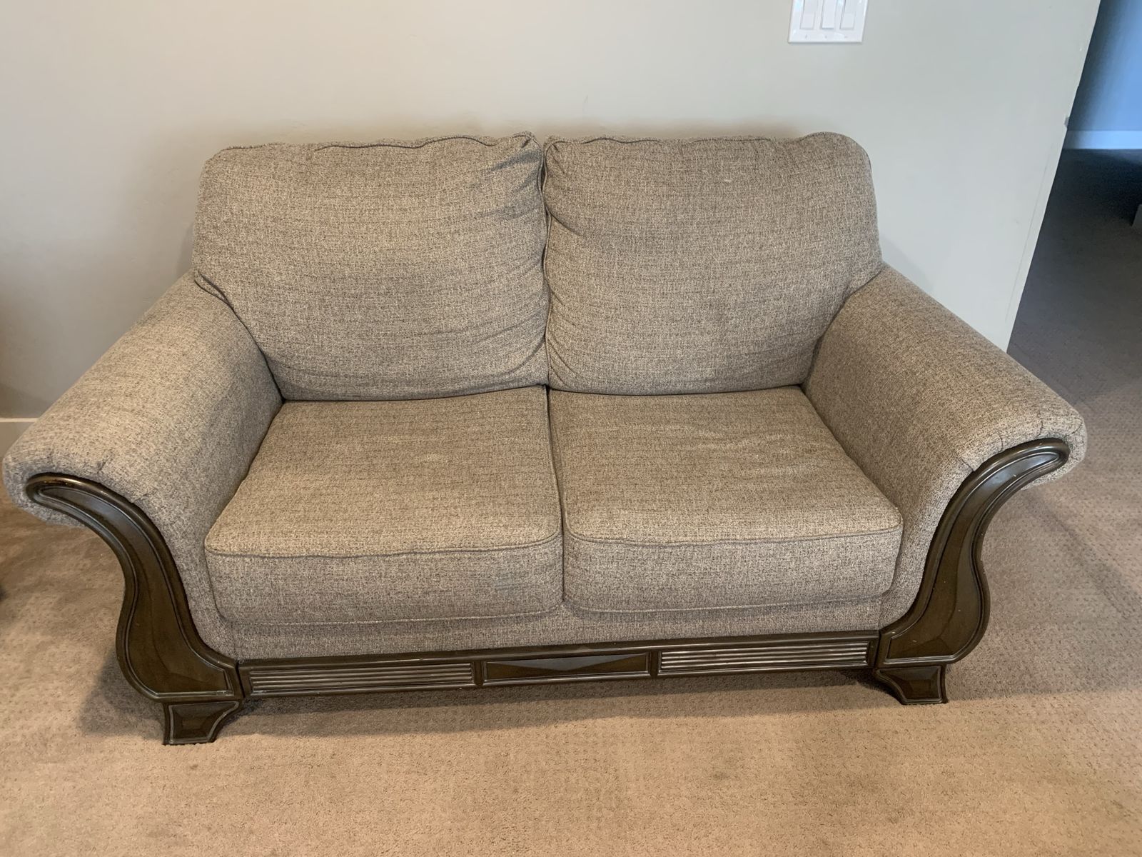 Cozy Gray Fabric Loveseat Sofa - Wood Trim Accents, Excellent Condition
