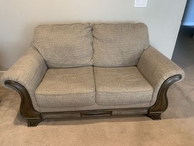 Cozy Gray Fabric Loveseat Sofa - Wood Trim Accents, Excellent Condition