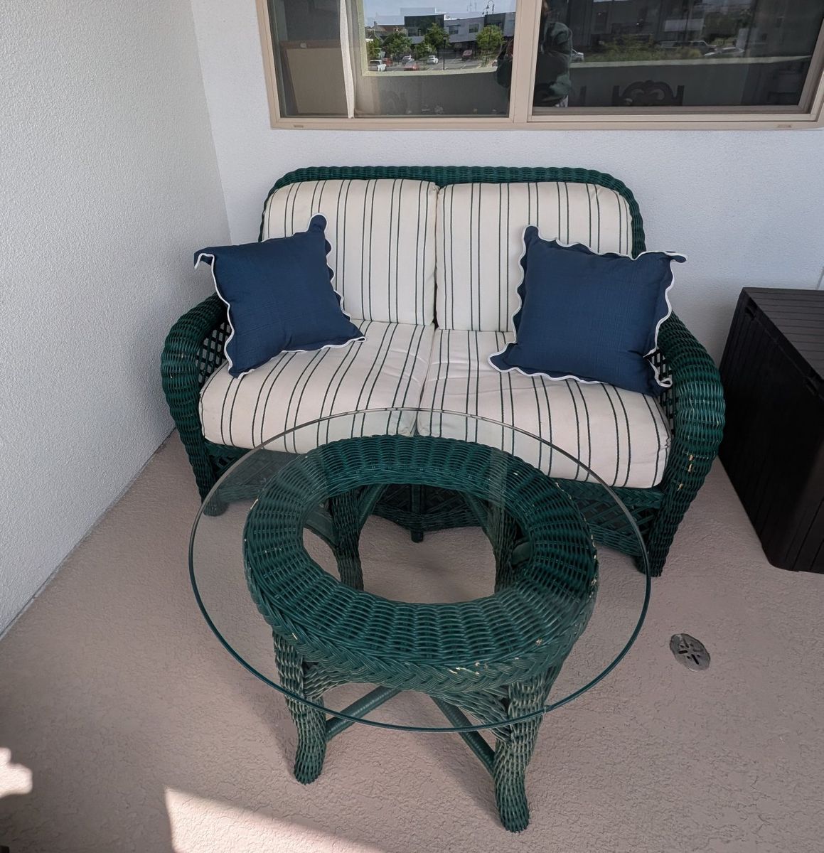 Vintage Green Wicker Loveseat & Round Glass Top Side Table Patio Set