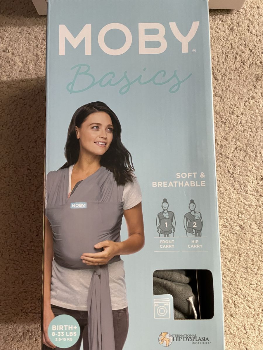 Moby Basics Grey Baby Carrier Wrap - Soft & Breathable, Front/Hip Carry, 8-33 lbs, New