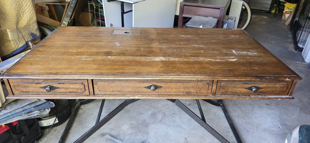 Wooden Desk with Built-in Power Strip - Solid Wood Standing Workstation with 3 Drawers