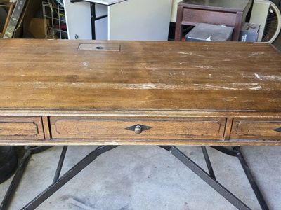 Wooden Desk with Built-in Power Strip - Solid Wood Standing Workstation with 3 Drawers