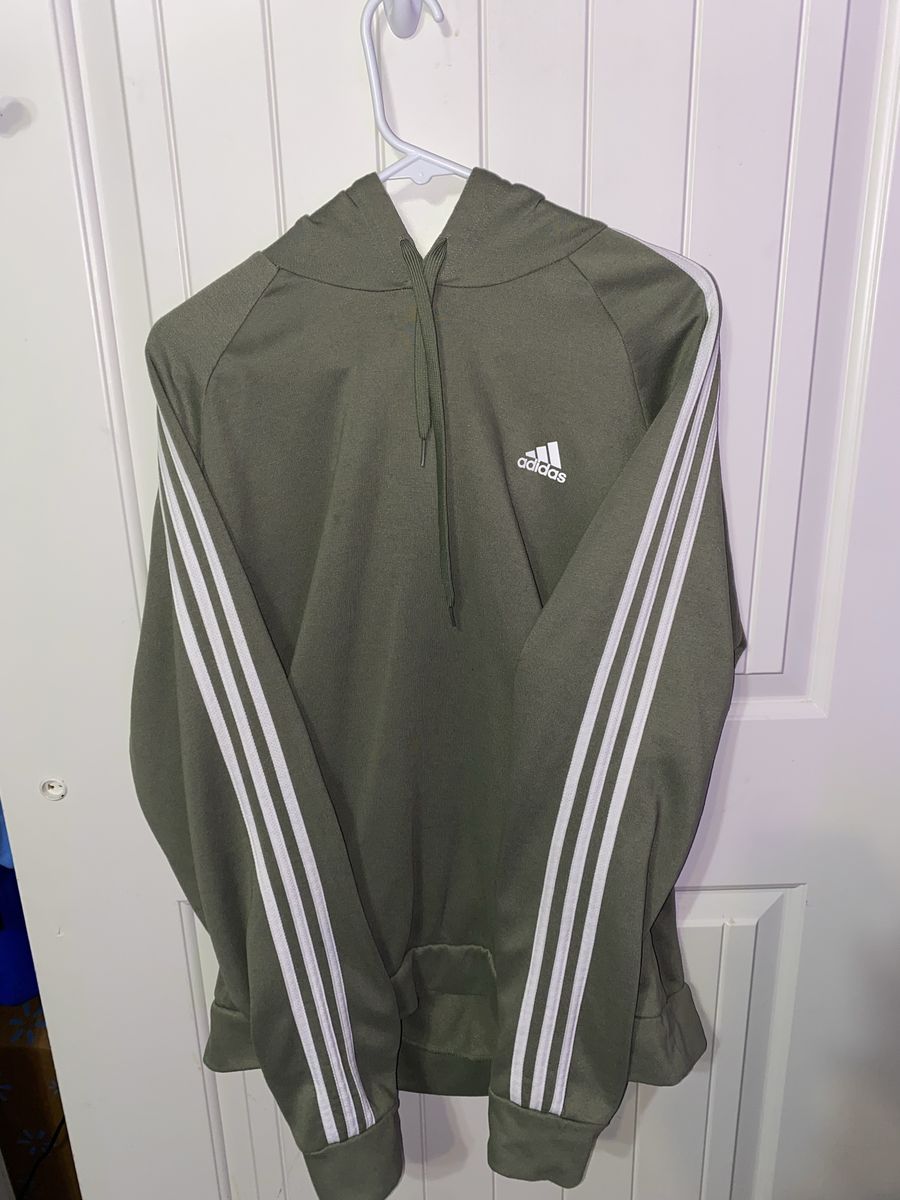 Adidas Olive Green Hoodie with White Three-Stripe Sleeves XL
