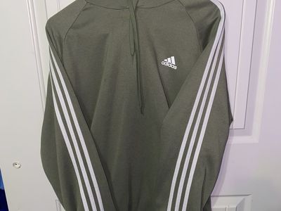 Adidas Olive Green Hoodie with White Three-Stripe Sleeves XL