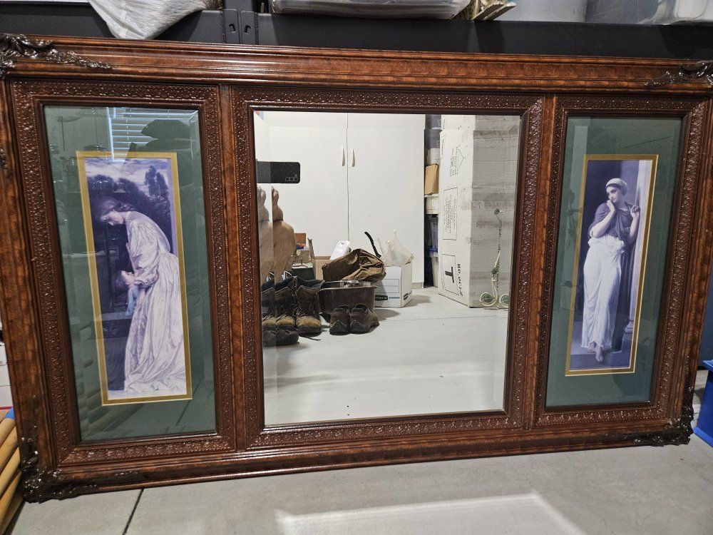 Large Ornate Dark Wood Frame Mirror with Side Art Panels