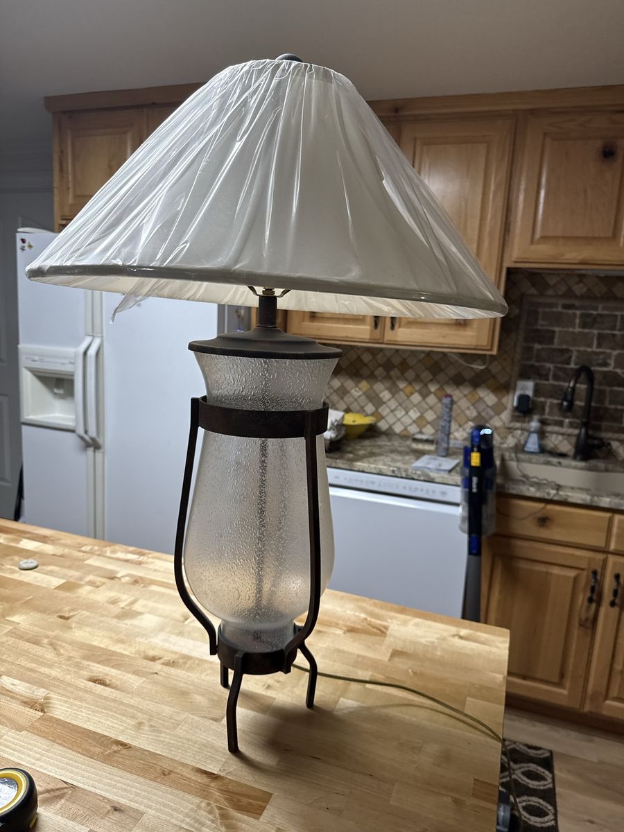 Rustic Metal and Seeded Glass Table Lamp with Pleated Shade