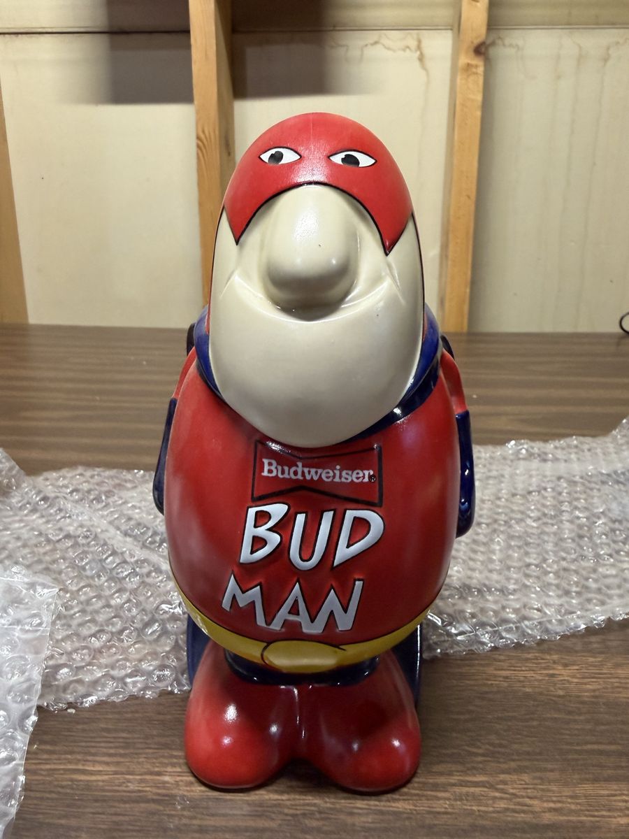 Vintage Budweiser Bud Man Ceramic Beer Stein Mug with Lid - Red & Blue Novelty Collectible