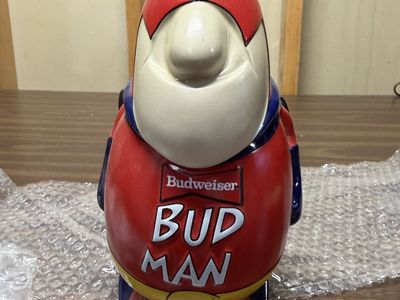 Vintage Budweiser Bud Man Ceramic Beer Stein Mug with Lid - Red & Blue Novelty Collectible