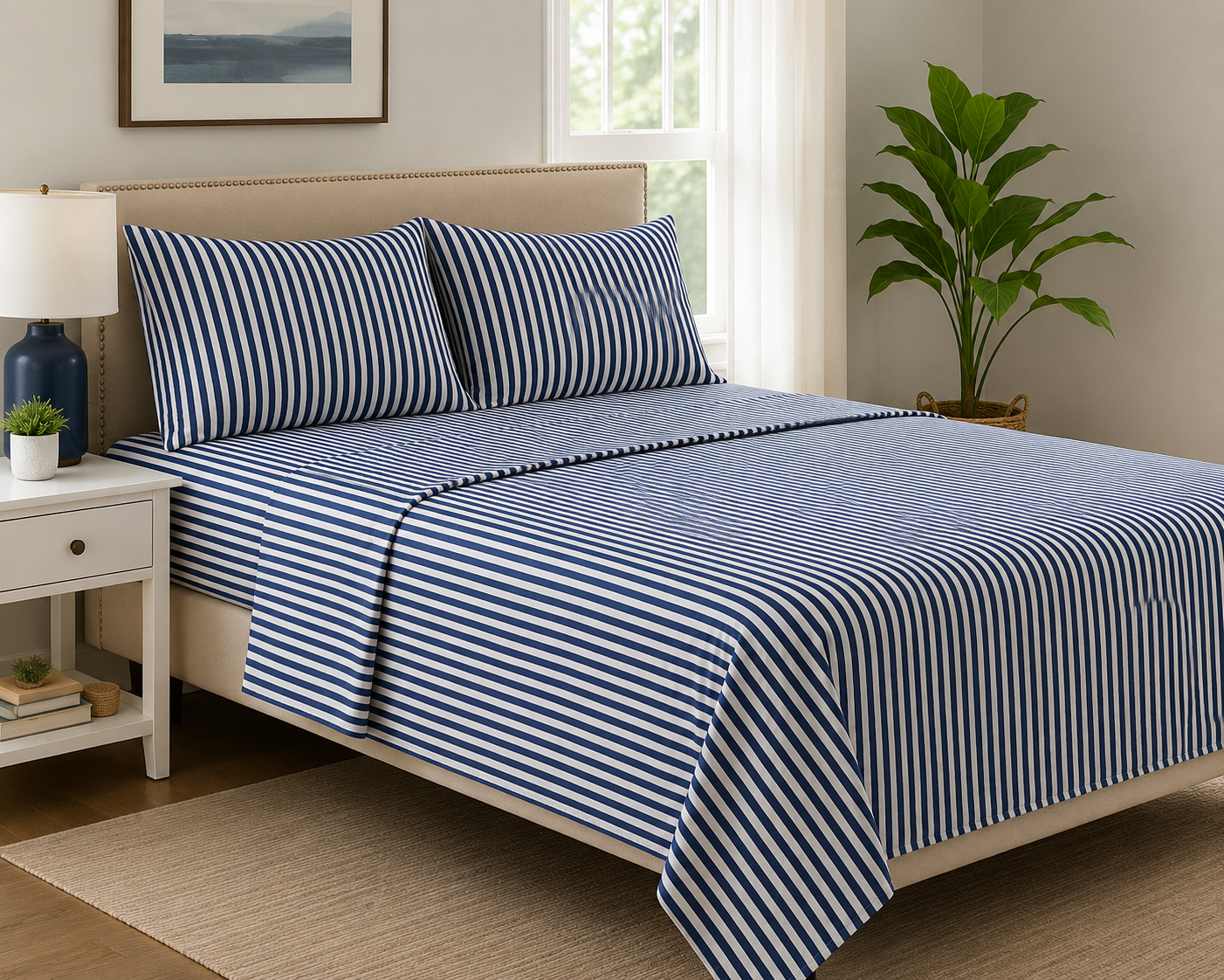 Amazon Basics Full Microfiber Sheet Set – Navy Pinstripe – Brand New Sealed