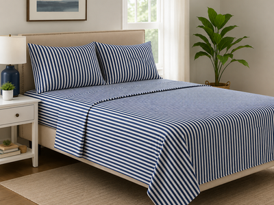 Amazon Basics Full Microfiber Sheet Set – Navy Pinstripe – Brand New Sealed