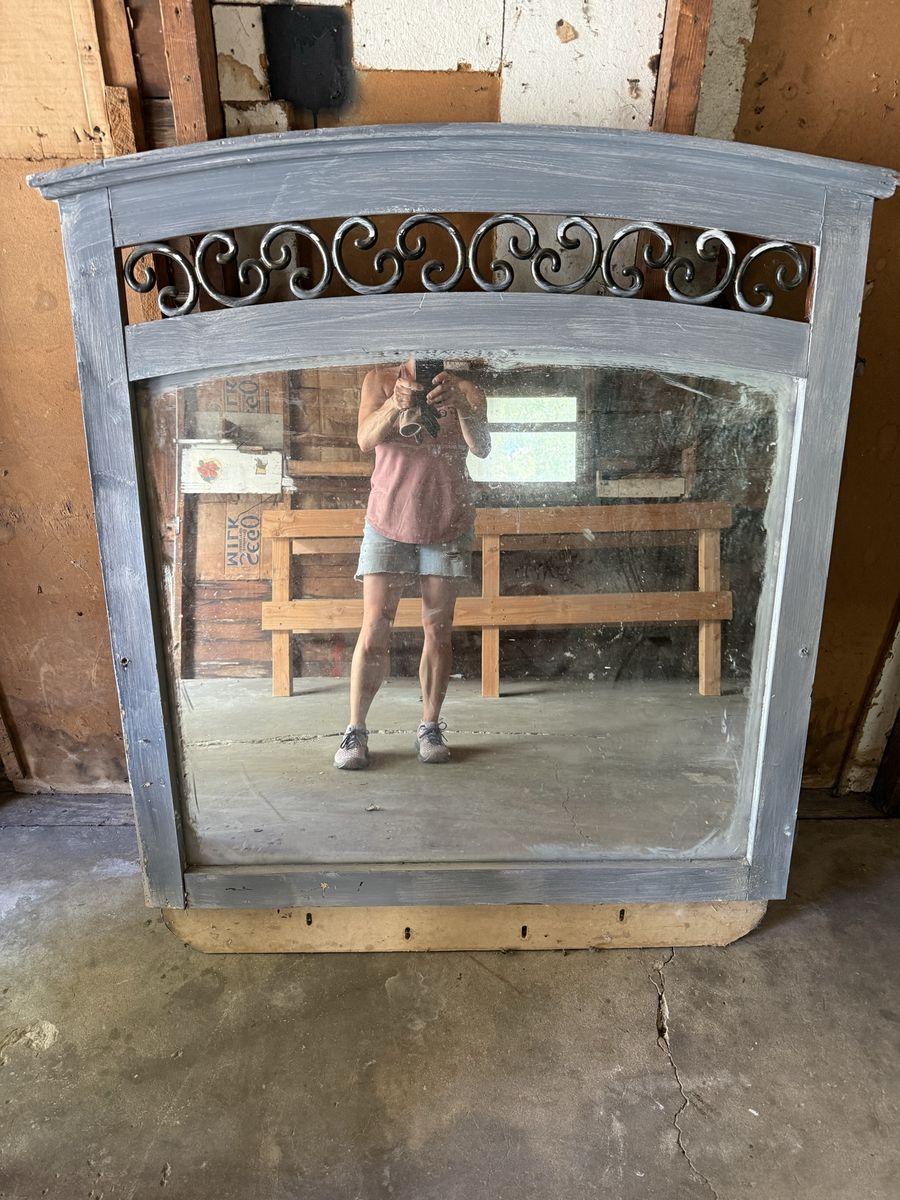 Large Gray Distressed Wood & Wrought Iron Arch Mirror - Vintage Style Decorative Wall Mirror
