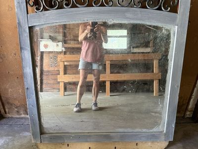 Large Gray Distressed Wood & Wrought Iron Arch Mirror - Vintage Style Decorative Wall Mirror