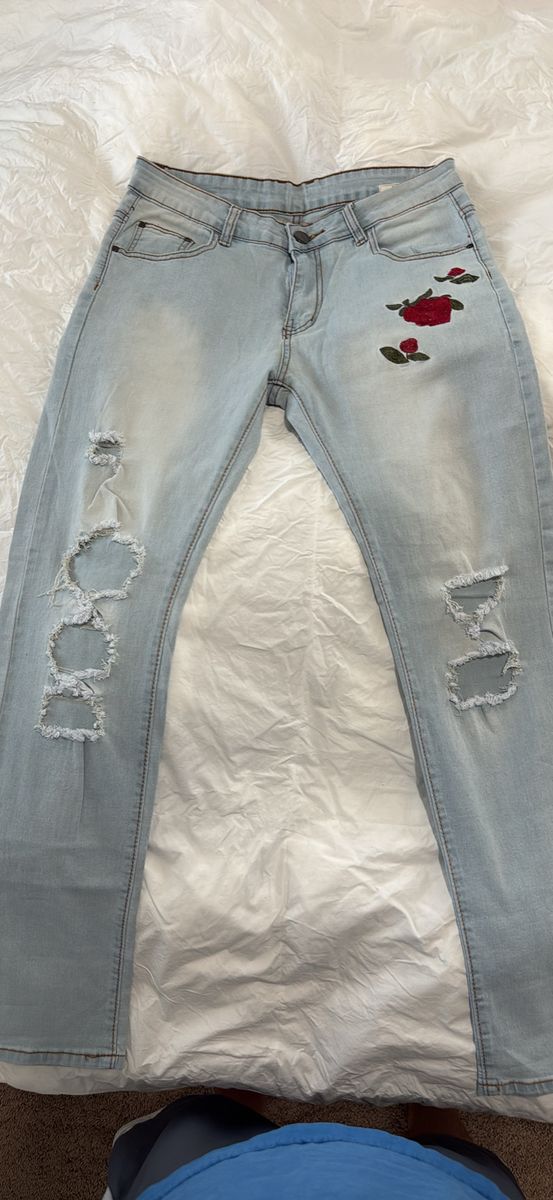 Light Wash Ripped Jeans with Rose Embroidery, Size 32, 33" Inseam